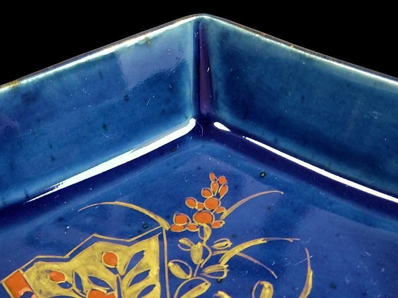 古伊万里 瑠璃 扇に桔梗の図 菱形変形皿 2客 D039AS-DAm