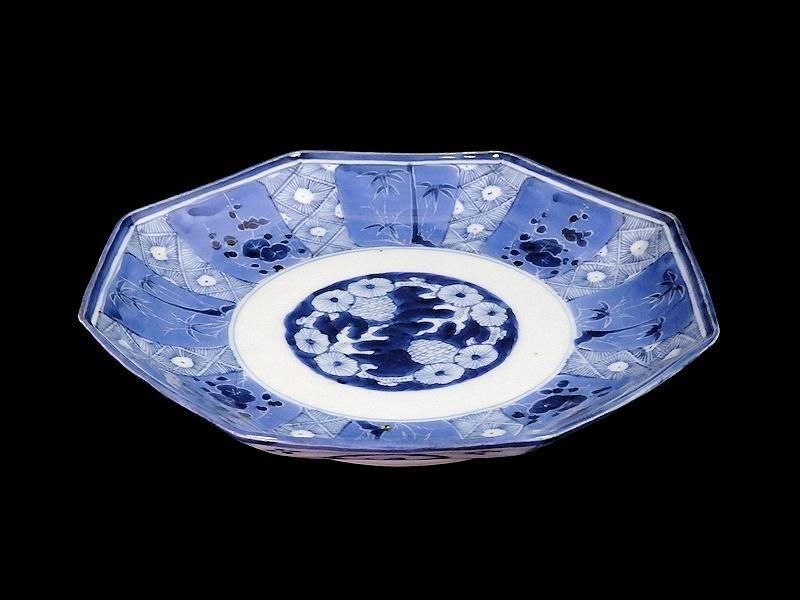 古伊万里 染付 墨弾き松竹梅図 八角7寸皿