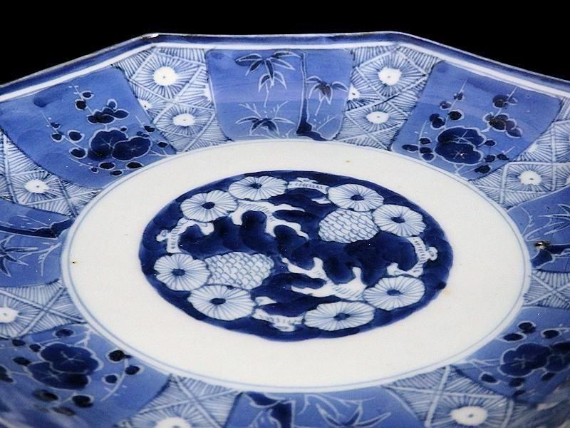 古伊万里 染付 墨弾き松竹梅図 八角7寸皿