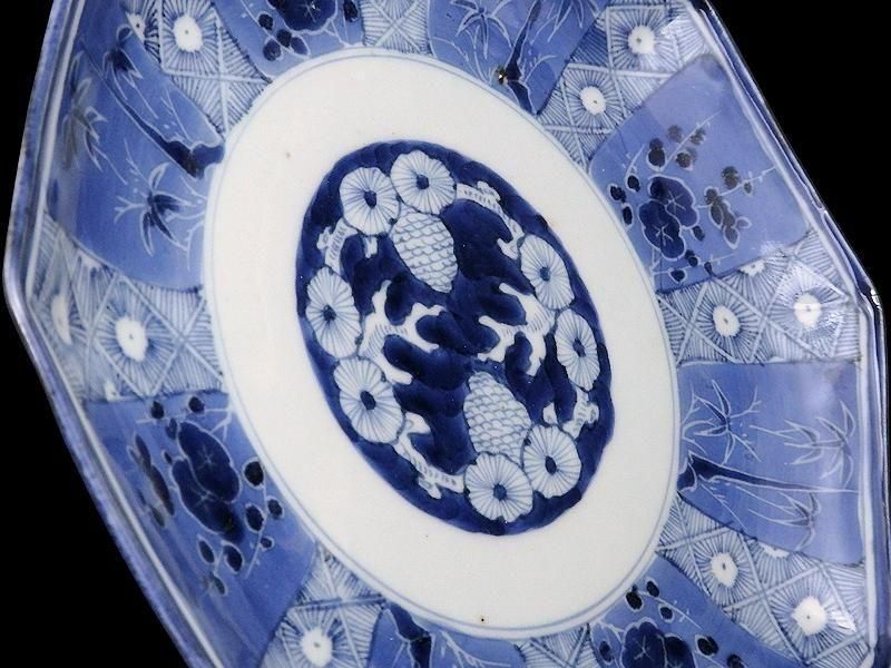 古伊万里 染付 墨弾き松竹梅図 八角7寸皿