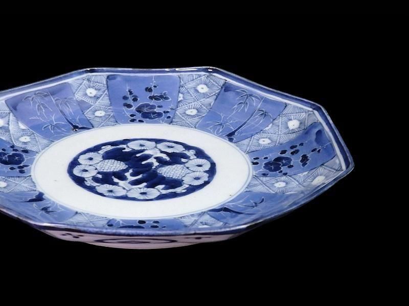 古伊万里 染付 墨弾き松竹梅図 八角7寸皿