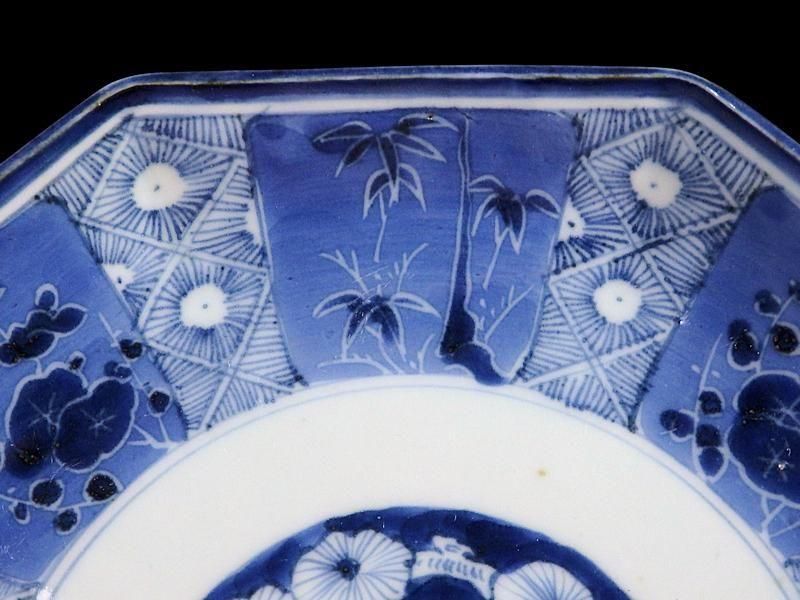 古伊万里 染付 墨弾き松竹梅図 八角7寸皿