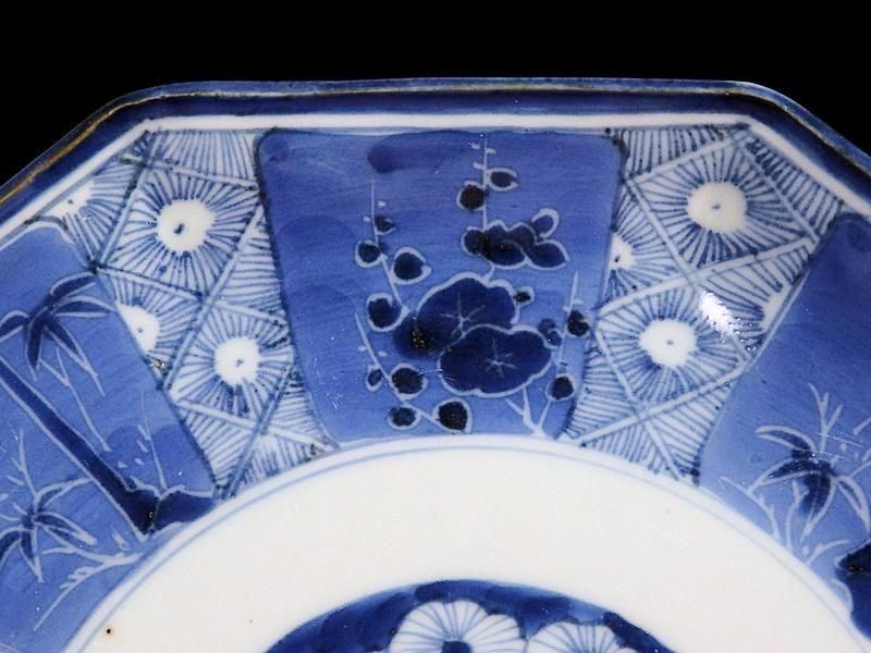 古伊万里 染付 墨弾き松竹梅図 八角7寸皿