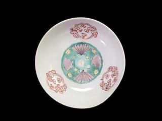 古伊万里　色絵　団龍紋　青海波に花の図　蓋茶碗　２客　D096AS-CWl 古伊万里 色絵 団龍紋 青海波に花の図 蓋茶碗 2客