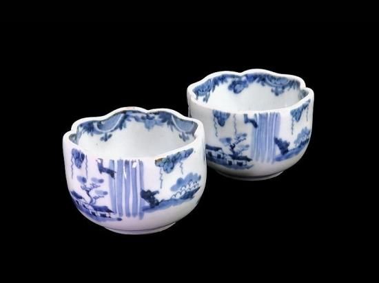 古伊万里　染付　山水の図　変形向付　２客　B072AS-fbvb 古伊万里 染付 山水図 変形向付 2客セット