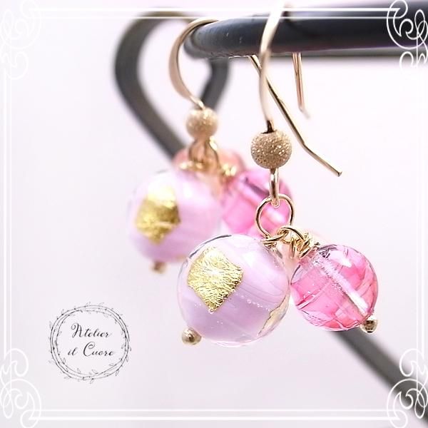 Rosa ベネチアンビーズ ピアス 14kgf ゴールドフィルド