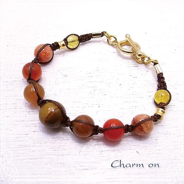 タイガーアイと秋カラーの天然石 ブレスレット＆チャームセット タイガーアイと秋カラーの天然石 ブレスレット＆チャームセット