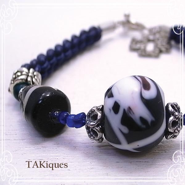 アンティークガラス(とんぼ玉)ブレスレット TAKiques】アンティークガラス＆とんぼ玉のレザーブレスレット