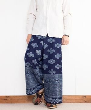 エスニック タイパンツ　ロング丈　モン族 バティックヘンプ古布　ダメージ系 モン族バティック・タイパンツ 7 ／ロング丈【MonkeyBanana】