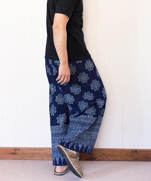 エスニック タイパンツ　モン族　カラフル　モン族刺繍とバティック古布　ロング丈 エスニック タイパンツ モン族 カラフル モン族刺繍とバティック