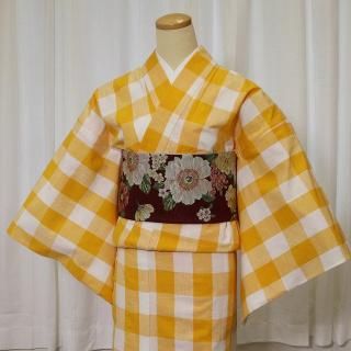 すぐに着られる片貝木綿 「爽やかな山吹色の格子模様」 -仕立て上がり- フリーサイズ ・国内縫製・ミシン仕立て
