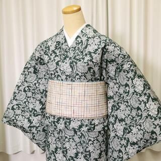 レディース木綿着物  「グレースフラワー / グリーンベース」 ～先染めジャガード織り～