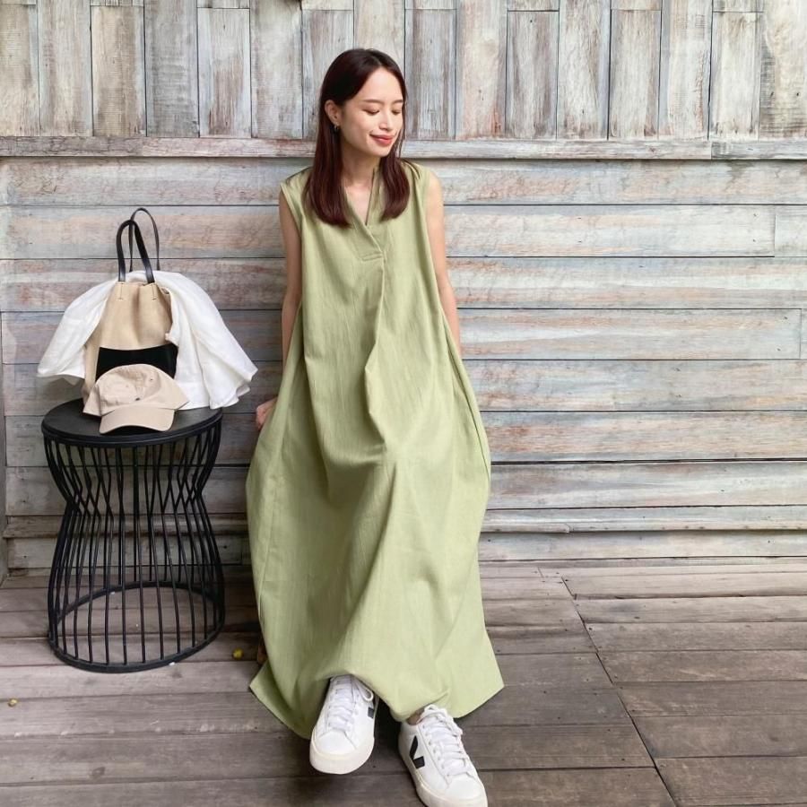 <img class='new_mark_img1' src='https://img.shop-pro.jp/img/new/icons15.gif' style='border:none;display:inline;margin:0px;padding:0px;width:auto;' />【着丈調整可能】すっきり華奢見せAライン コットン キーネック ノースリ ワンピース　ピスタチオ　0655PT