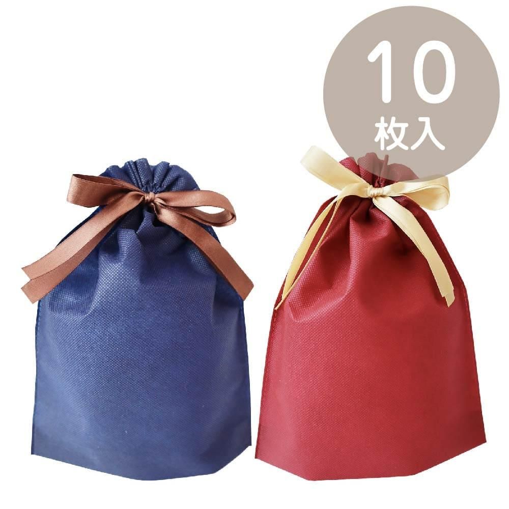 OKINI ギフトバッグ 10枚入 巾着 L 不織布 マチ付 ネイビー&レッド 