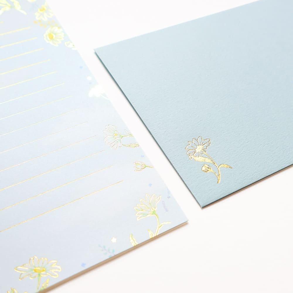 箔押し デイジー 花 レターセット | 水色 - 包む オンラインショップ