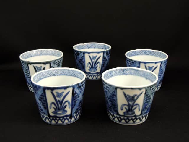 伊万里染付菖蒲文蕎麦猪口　五客組 / Imari Blue & White 'Soba' Cups with the picture of Iris  set of 5
