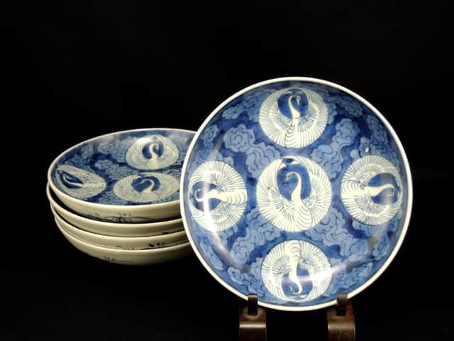 伊万里染付鶴文五寸皿　五枚組 / Imari Blue & White Plate with the picture of Cranes (14.3cm)　set of 5