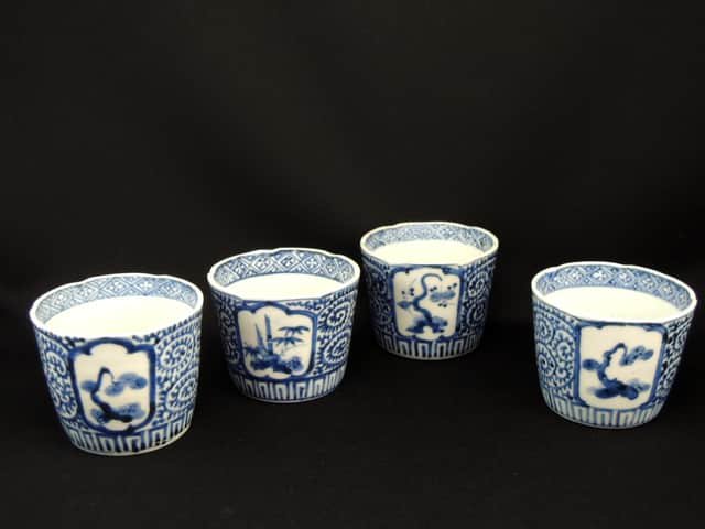 伊万里染付蛸唐草松竹梅窓絵文蕎麦猪口　四客組 / Imari Blue & White Soba Cups  set of 4