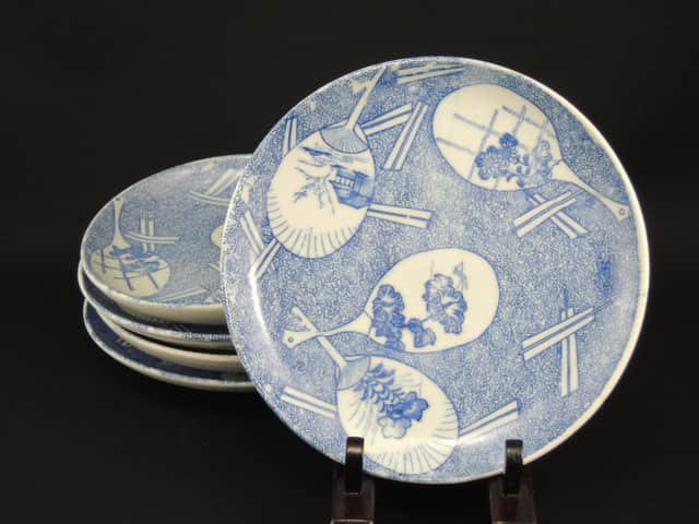 伊万里印判染付団扇文五寸皿　五枚組 / Imari 'Inban' Blue & White Plates with the picture of 'Uchiwa' fans  set of 5