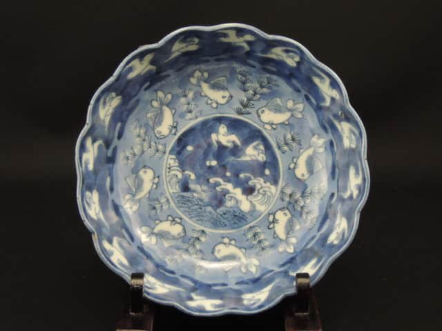 伊万里染付波千鳥金魚文なます皿 五枚組 / Imari Blue & White 'Namasu' Bowls set of 5 - OKURA  ORIENTAL ART / 大蔵オリエンタルアート