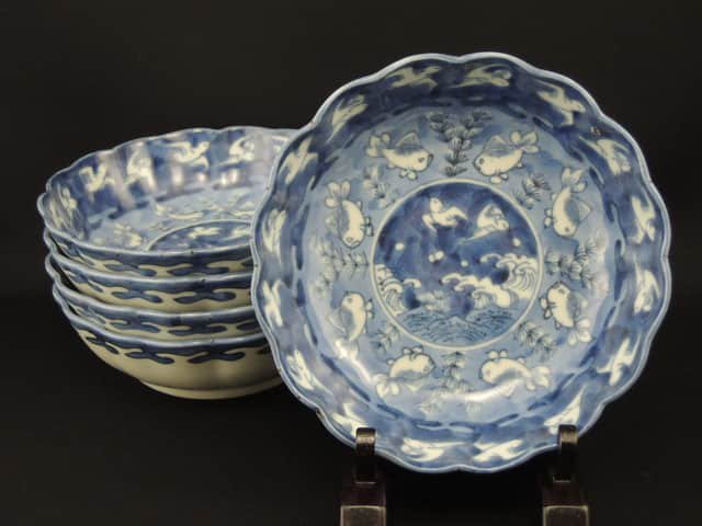 ΤĻʸʤޤ / Imari Blue & White 'Namasu' Bowls  set of 5