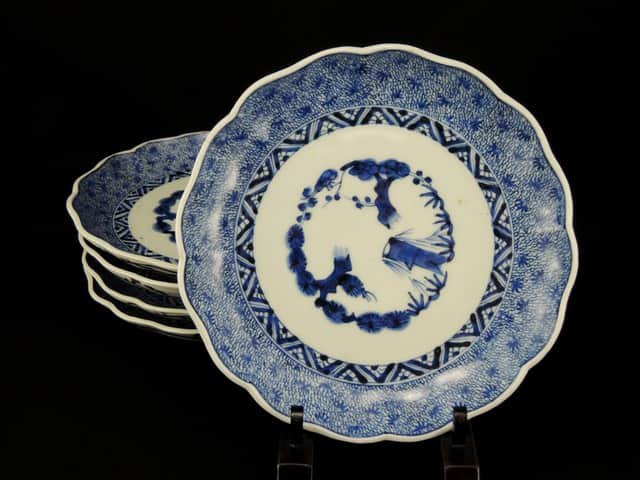 伊万里染付微塵唐草文七寸皿 五枚組 / Imari Blue & White Plates with 