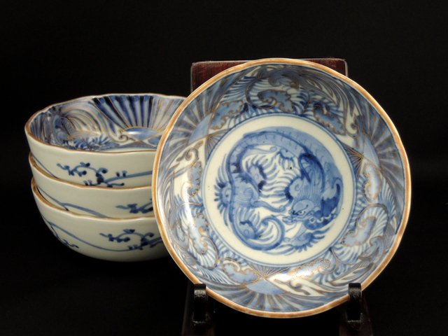 伊万里金彩染付龍鳳凰文なます皿　四枚組 / Imari Blue & White 'Namasu' Bowls   set of 4
