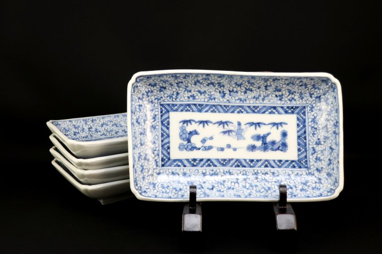 伊万里萩唐草文長皿 五枚組 / Imari Rectangular Blue & White Plates  set of 5