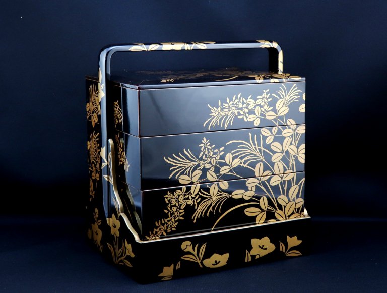 ɽ𼬳 / Black-Lacquered 'Jubako' Food Boxes with Makie picture of Autumn Plants  set of 5
