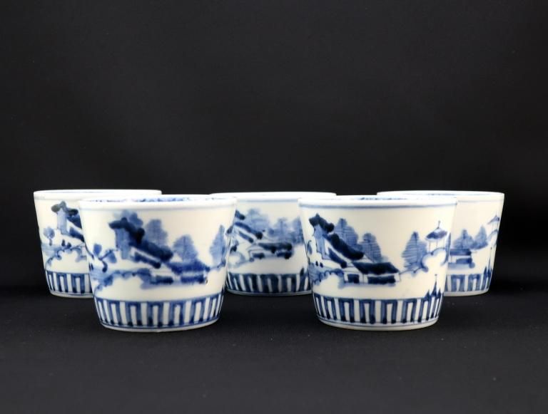 伊万里染付山水文大蕎麦猪口　五客組 / Imari Large Blue & White 'Soba' Cups  set of 5