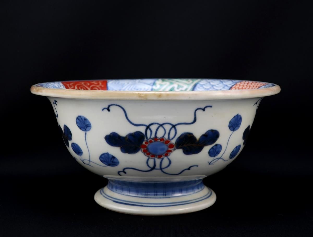 169 古伊万里 色絵 錦手 台鉢 盃洗 軍配・花図 無キズ 江戸後期