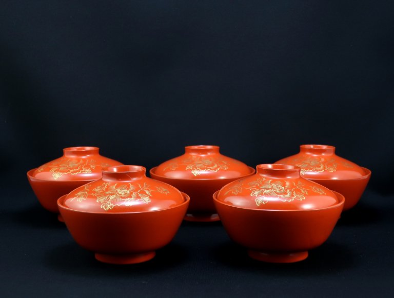 朱塗沈金蒔絵吸物椀　五客組 / Red-lacquered Soup Bowls  set of 5