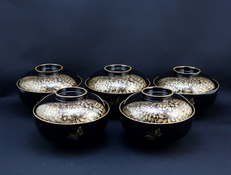 黒塗沈金蒔絵椀　五客組 / Black-lacquered Bowls with 'Chinkin Makie' picture  set of 5