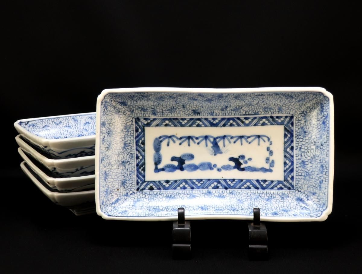 伊万里染付微塵唐草文長皿 五枚組 / Imari Rectangular Blue & White ...