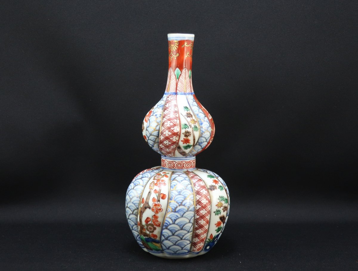 九谷色絵瓢型徳利 一対 / Kutani Gourd-shaped Plychrome Sake Bottles 