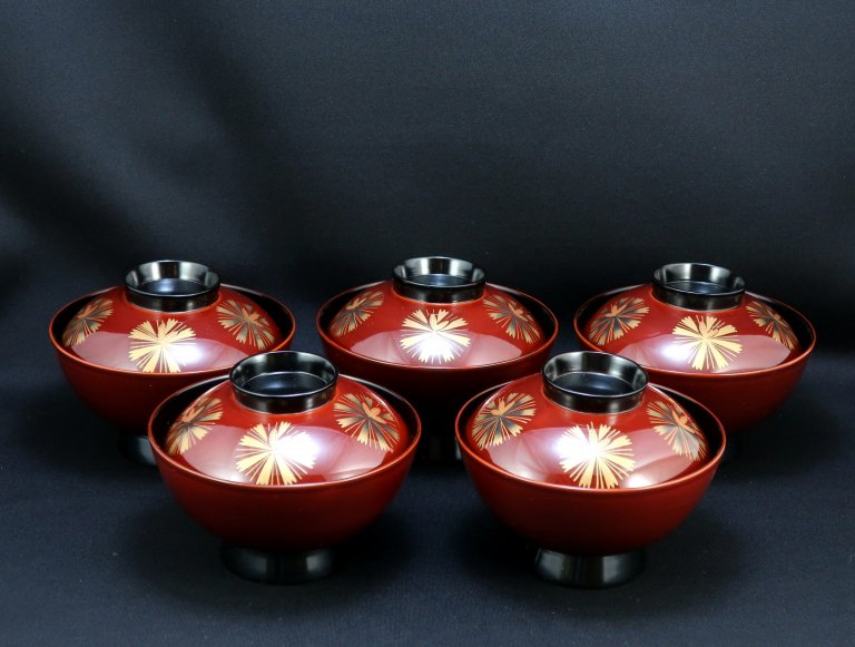 輪島塗松葉蒔絵吸物椀　五客組 / Wajima-lacquered Soup Bowls with 'Makie' picture of Pine  set of 5