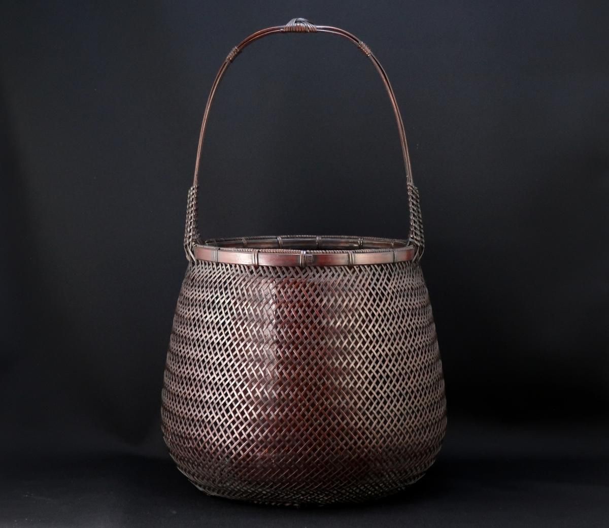 e3030 末村笙文 籠花入 共箱 高さ16cm 掛花入 竹籠 竹花入