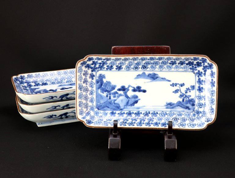 伊万里染付花山水文長皿　四枚組 / Imari Rectangular Blue & White Plates  set of 4