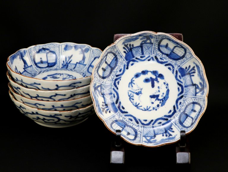伊万里染付窓絵文なます皿　五枚組 / Imari Blue & White 'Namasu' Bowls  set of 5