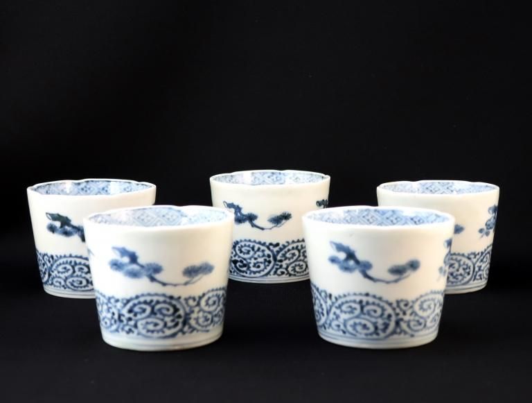 伊万里染付松竹梅蛸唐草門蕎麦猪口　五客組 / Imari Blue & White Soba Cups  set of 5