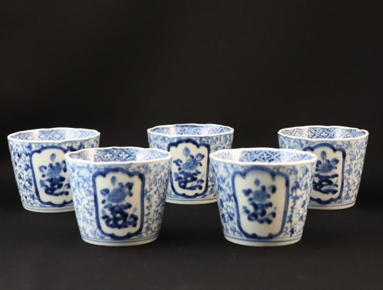 伊万里染付萩唐草窓絵文蕎麦猪口 五客組 / Imari Blue & White Soba Cups  set of 5