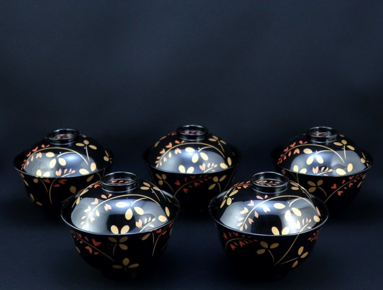 뼬ʪС޵ / Wajima-lacquered Soup Bowls with Lids  set of 5