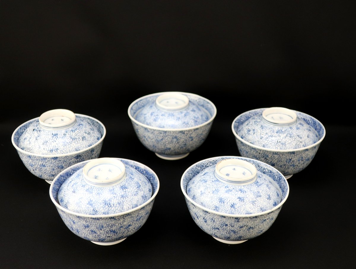 伊万里染付微塵唐草文蓋茶碗 五客組 / Imari Blue & White Bowls with 