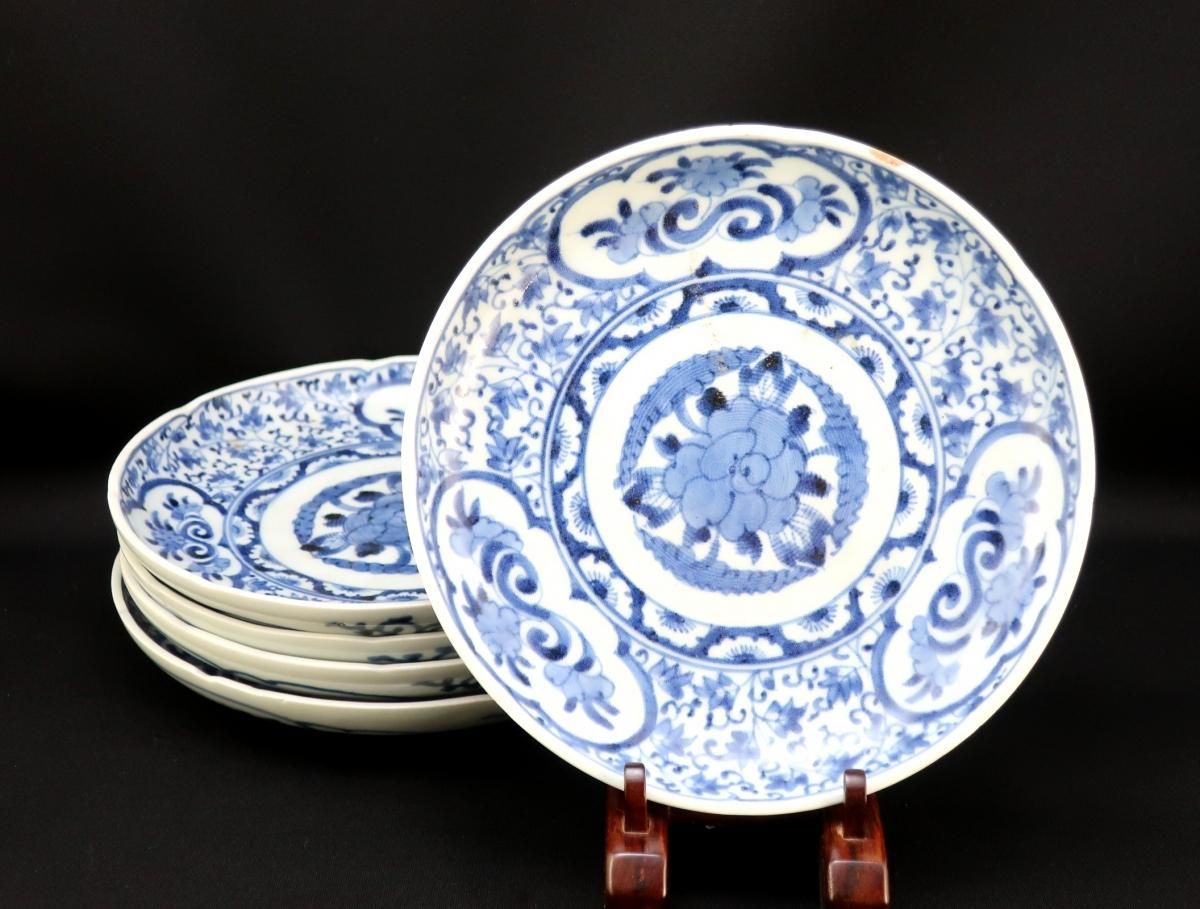 【10％OFF】 五枚組 伊万里染付萩唐草窓絵文六寸皿 / White & Blue Imari 染付