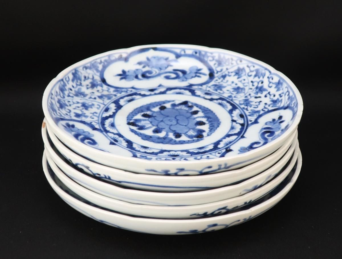 伊万里染付萩唐草窓絵文六寸皿 五枚組 / Imari Blue & White