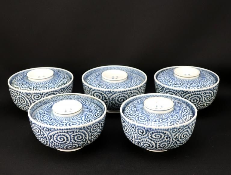 Τʸҡ޵ / Imari Blue & White Bowls with Lids with the pattern of Takokarakusa  set of 5