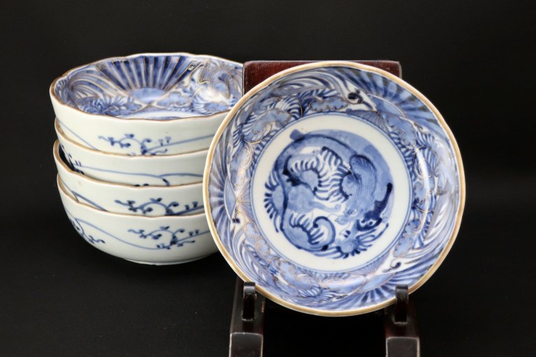 伊万里金彩染付龍鳳凰文なます皿　五枚組 / Imari Blue & White 'Namasu' Bowls  set of 5