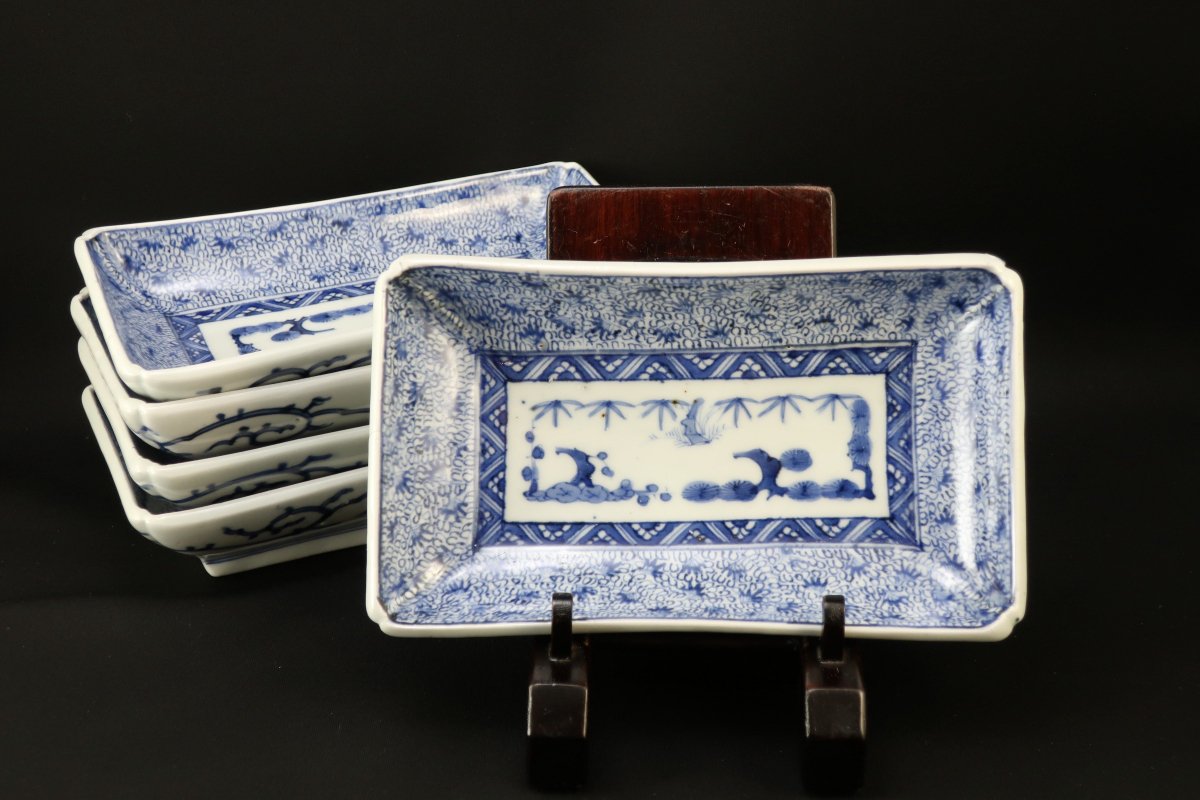 伊万里染付微塵唐草文長皿 五枚組 / Imari Rectangular Blue & White 