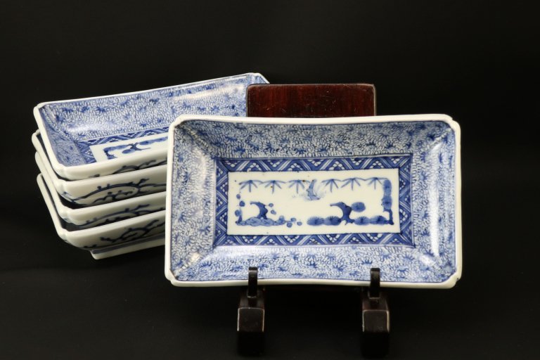 伊万里染付微塵唐草文長皿　五枚組 / Imari Rectangular Blue & White Plates  set of 5