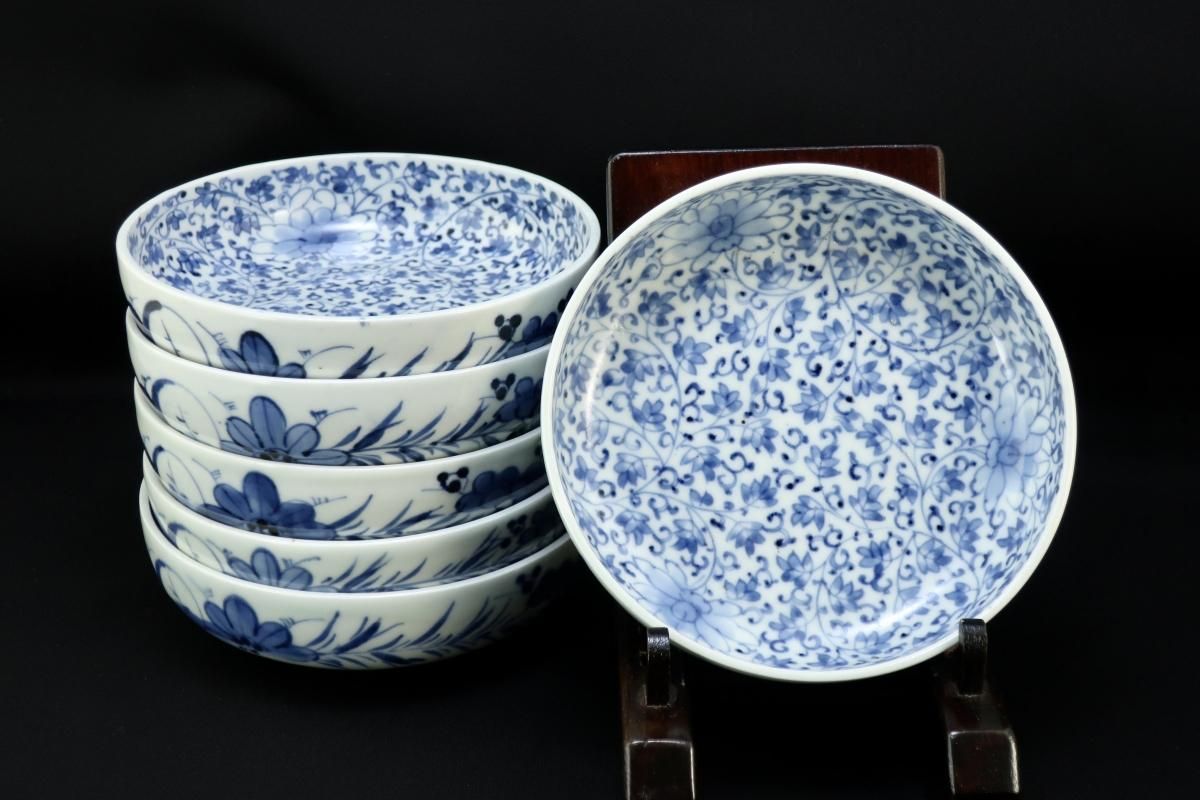 伊万里染付花唐草文なます皿 六枚組 Imari Blue White Namasu Bowls Set Of 6 Okura Oriental Art 大蔵オリエンタルアート